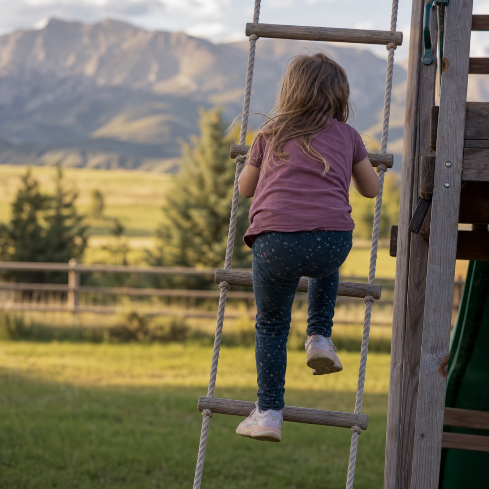 Child climbing a playground rope ladder from behind