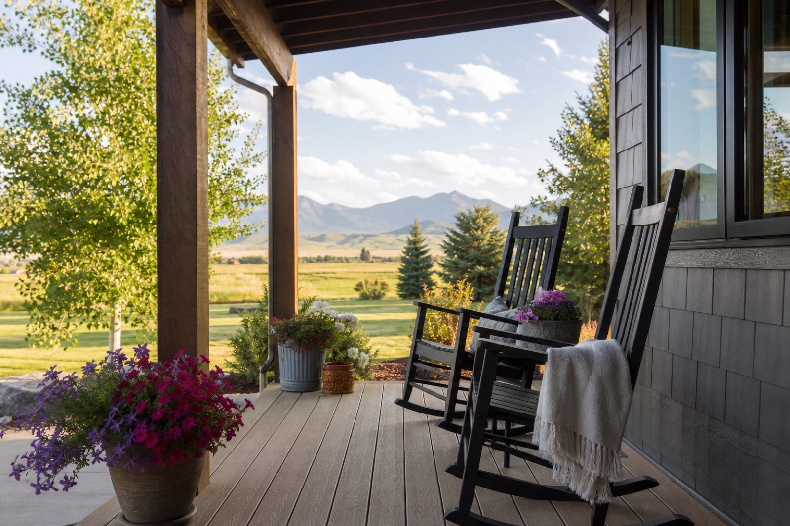Rocking chairs on a porch facing Montana mountains