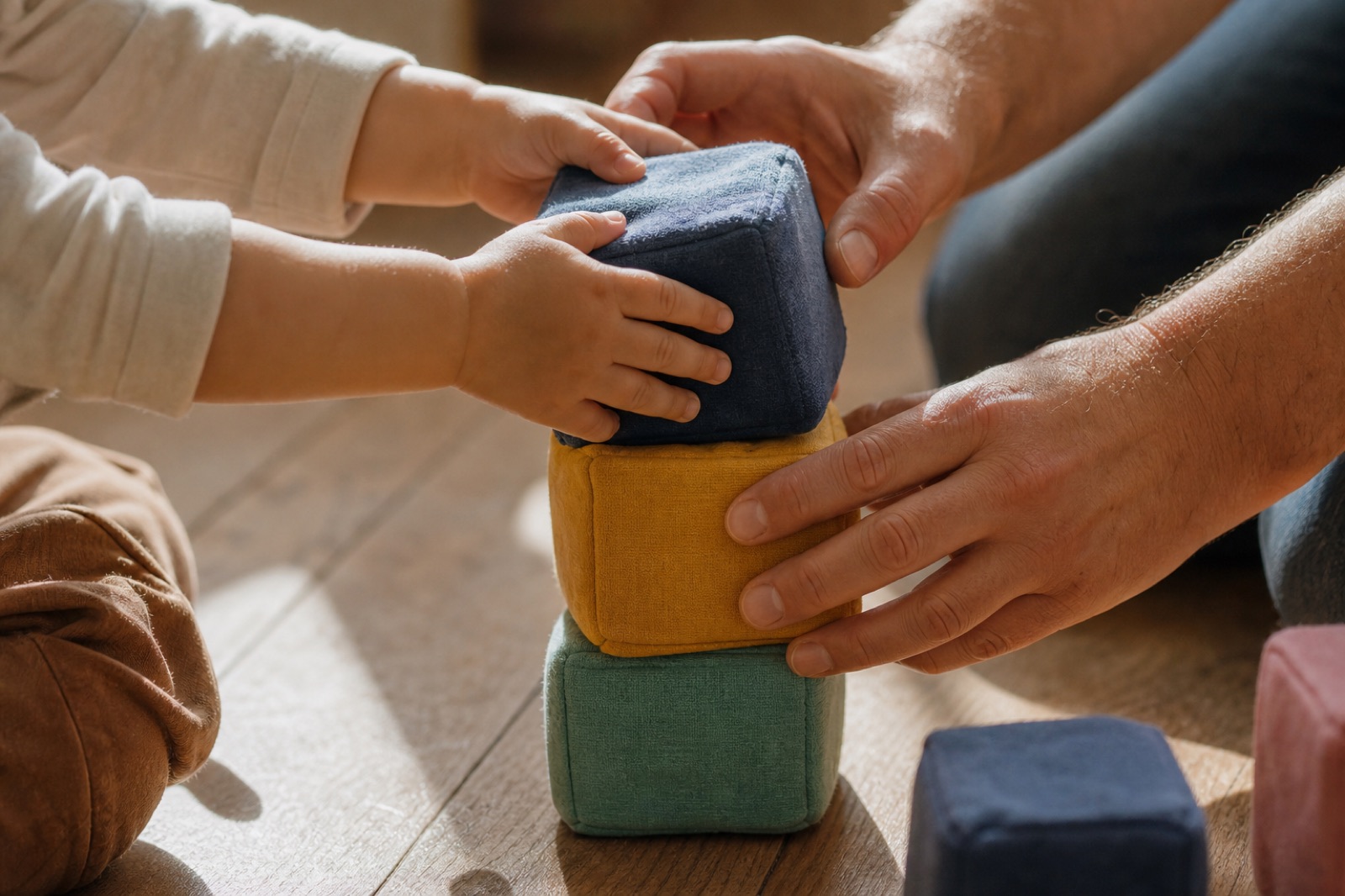 Child and adult hands stacking soft colored blocks together