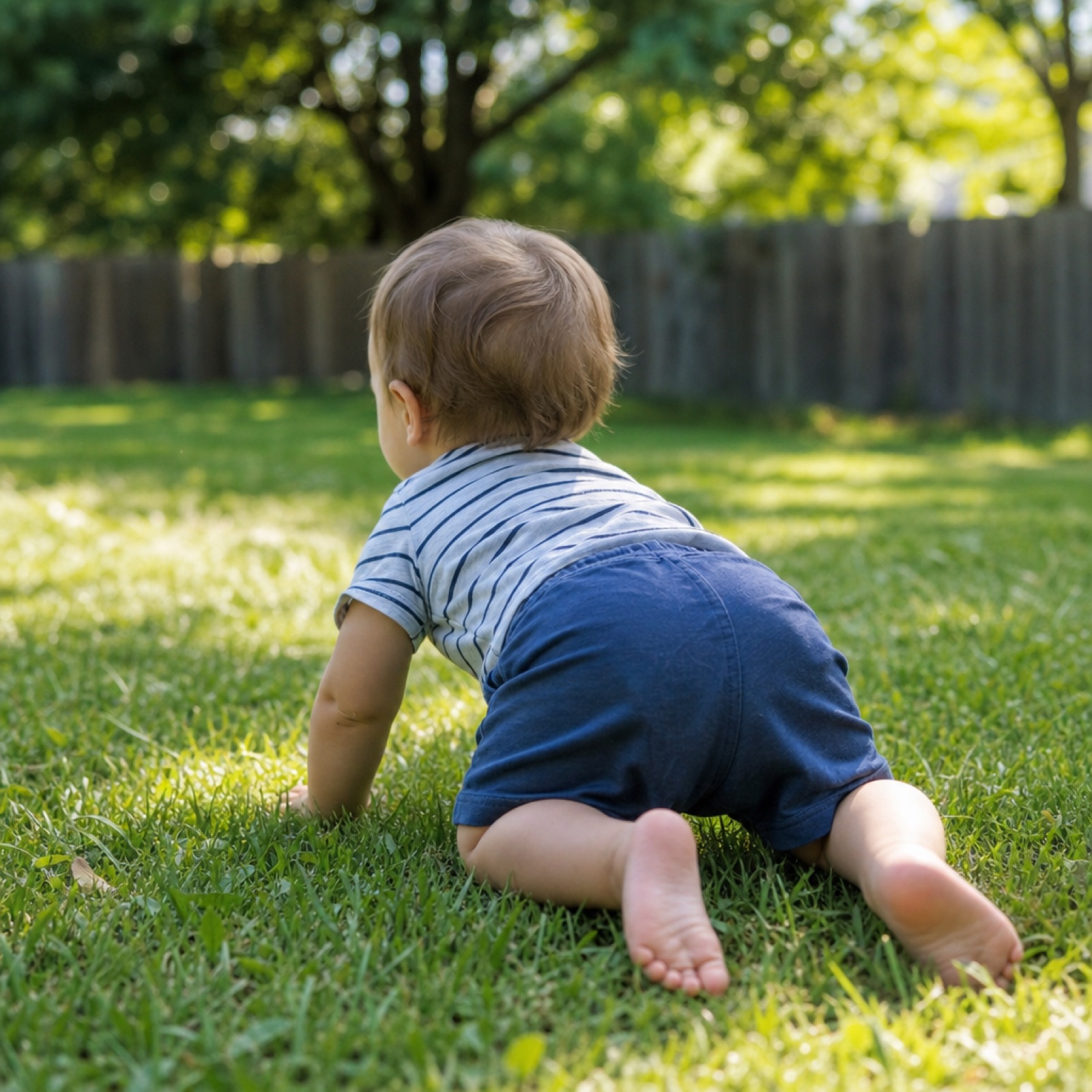 Toddler crawling on grass, viewed from behind