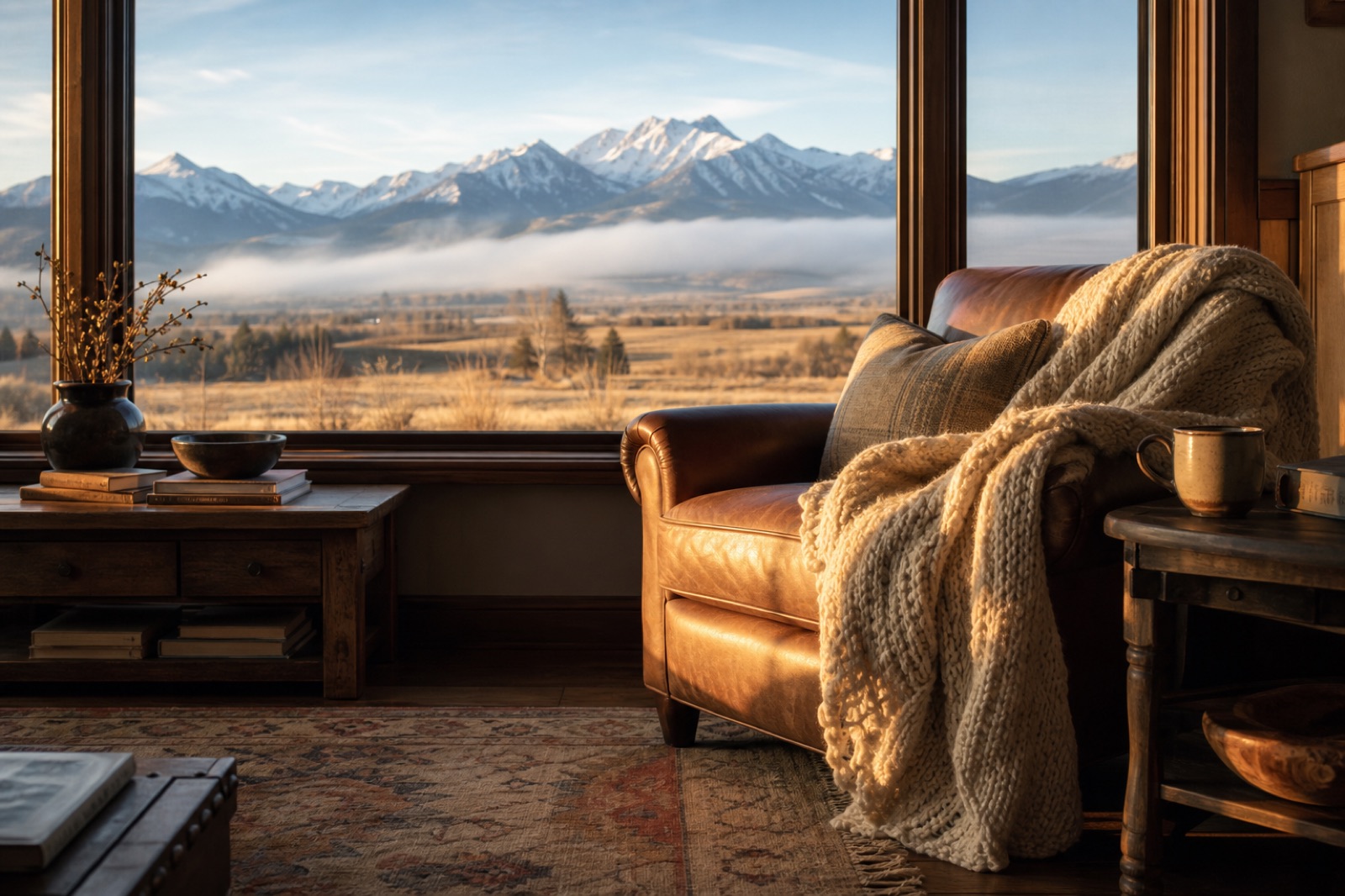 A quiet chair beside a window looking toward Montana mountains