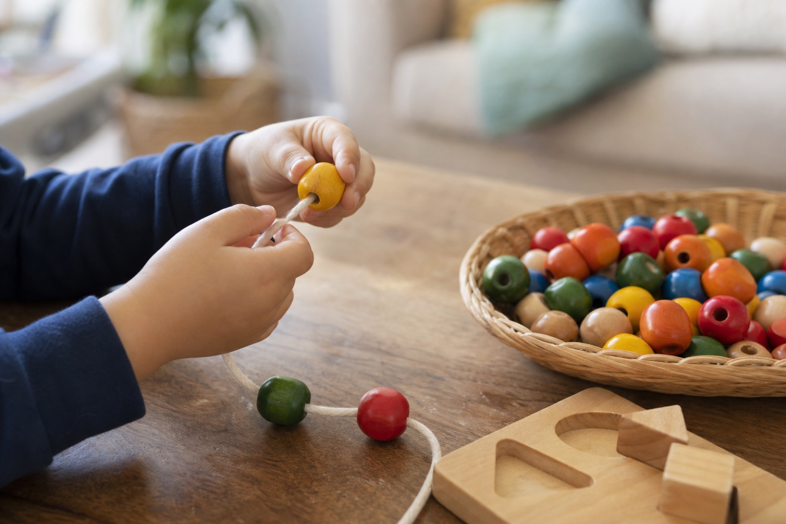 Child’s hands threading wooden beads at a table