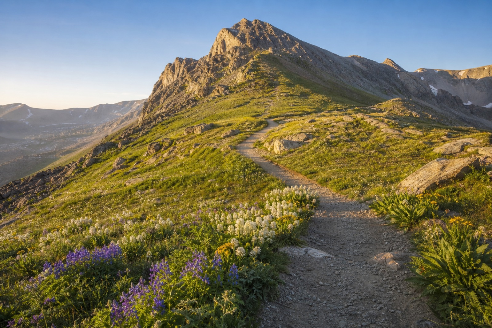 A winding trail leading toward a sunlit mountain peak