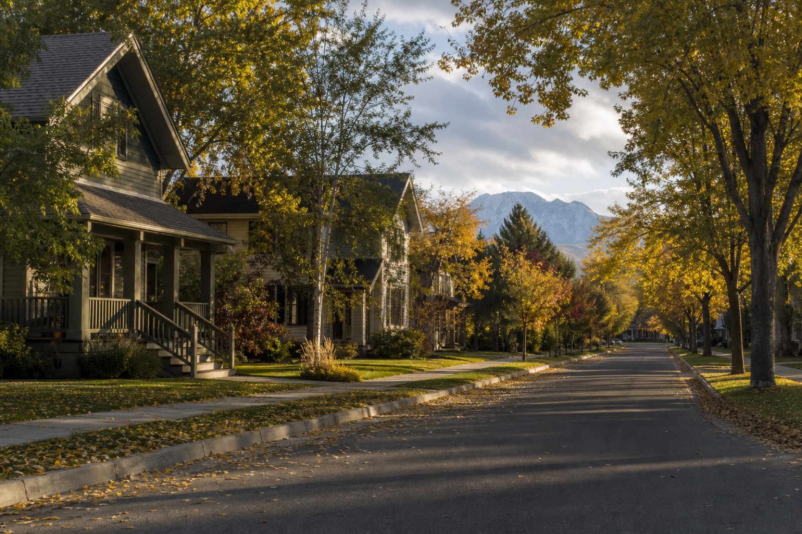Tree-lined Montana neighborhood street with homes and distant mountains