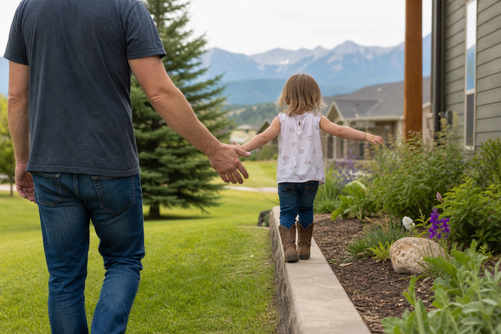 Child seen from behind balancing along a low garden edge beside a parent