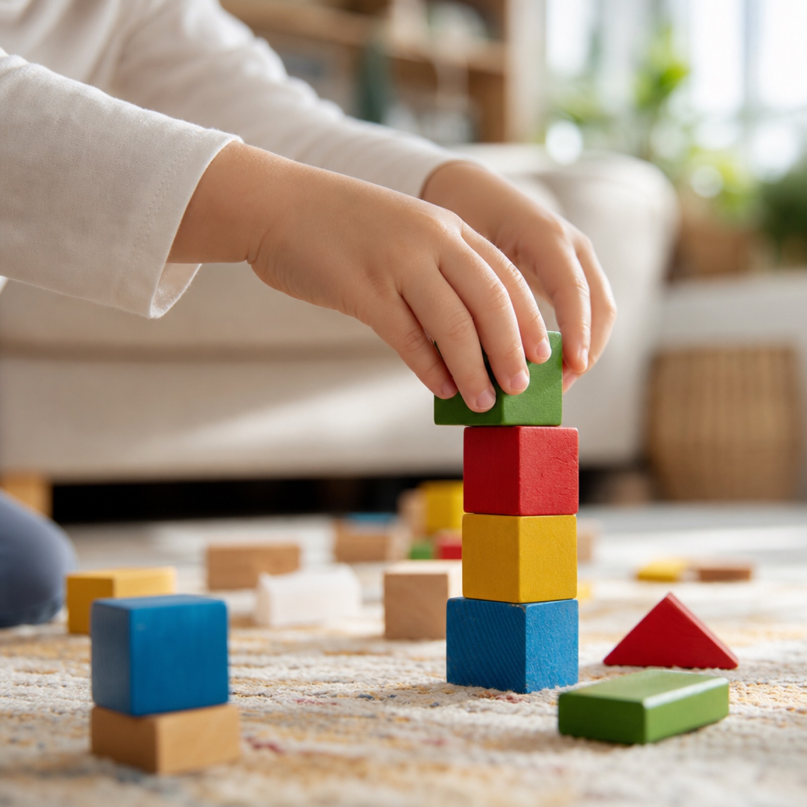 Child’s hands stacking colorful toy blocks