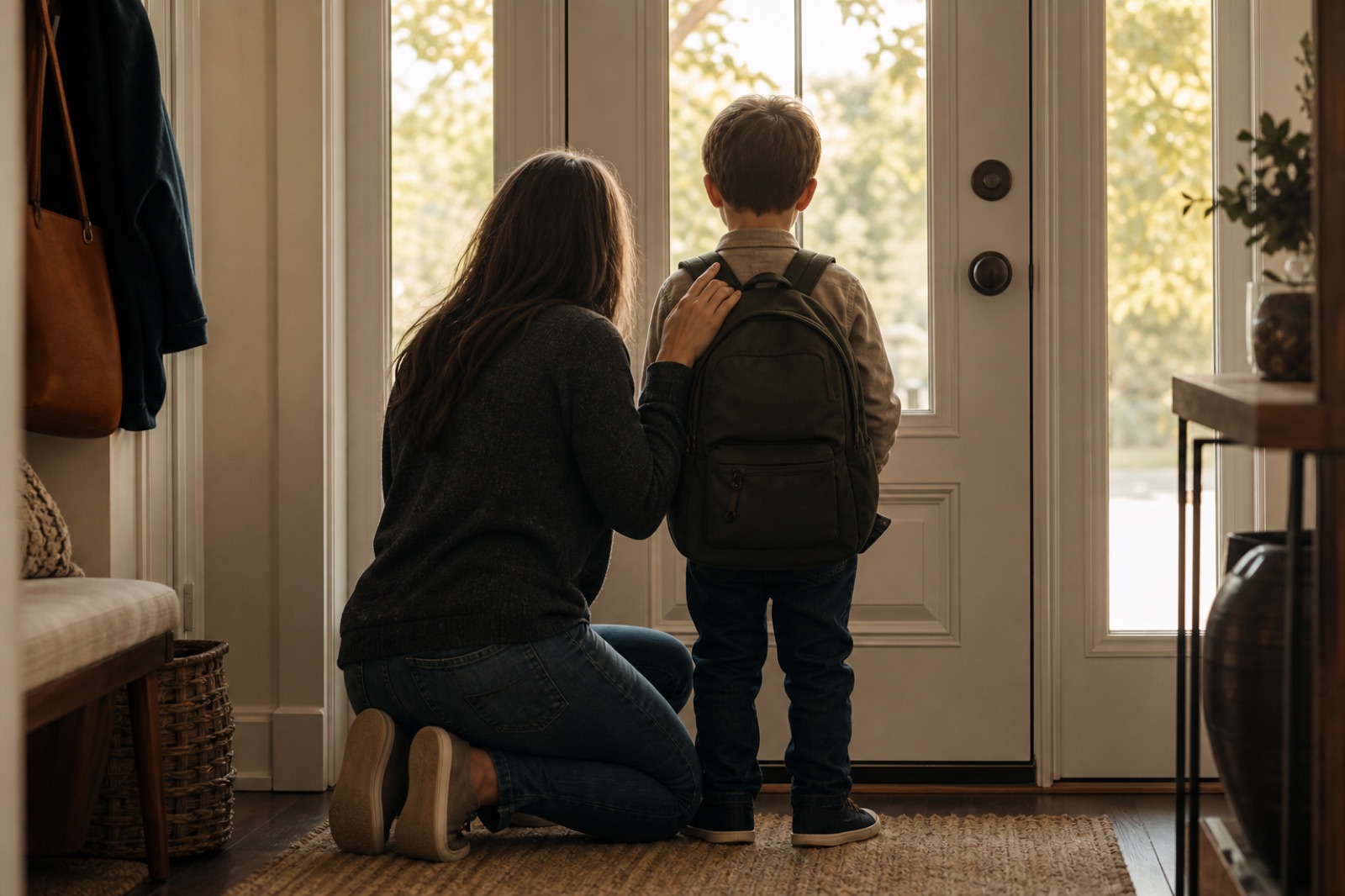 Parent with a hand on a child’s shoulder at the front door, both seen from behind