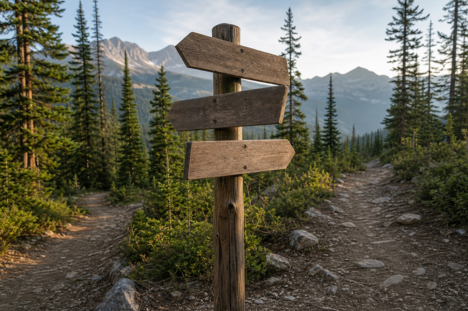 Three blank wooden direction signs beside a mountain trail