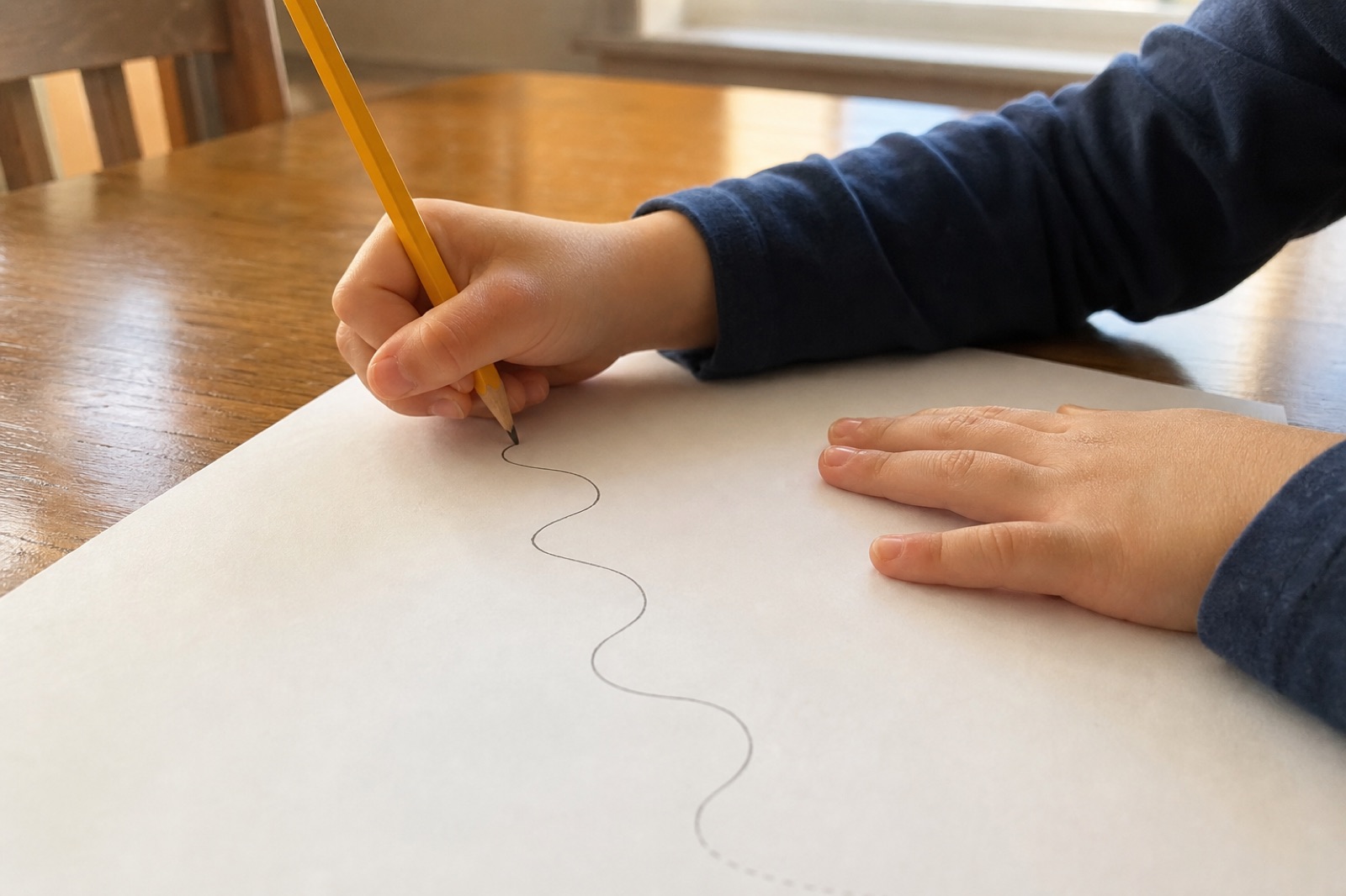 Child’s hands holding a pencil over paper at a table