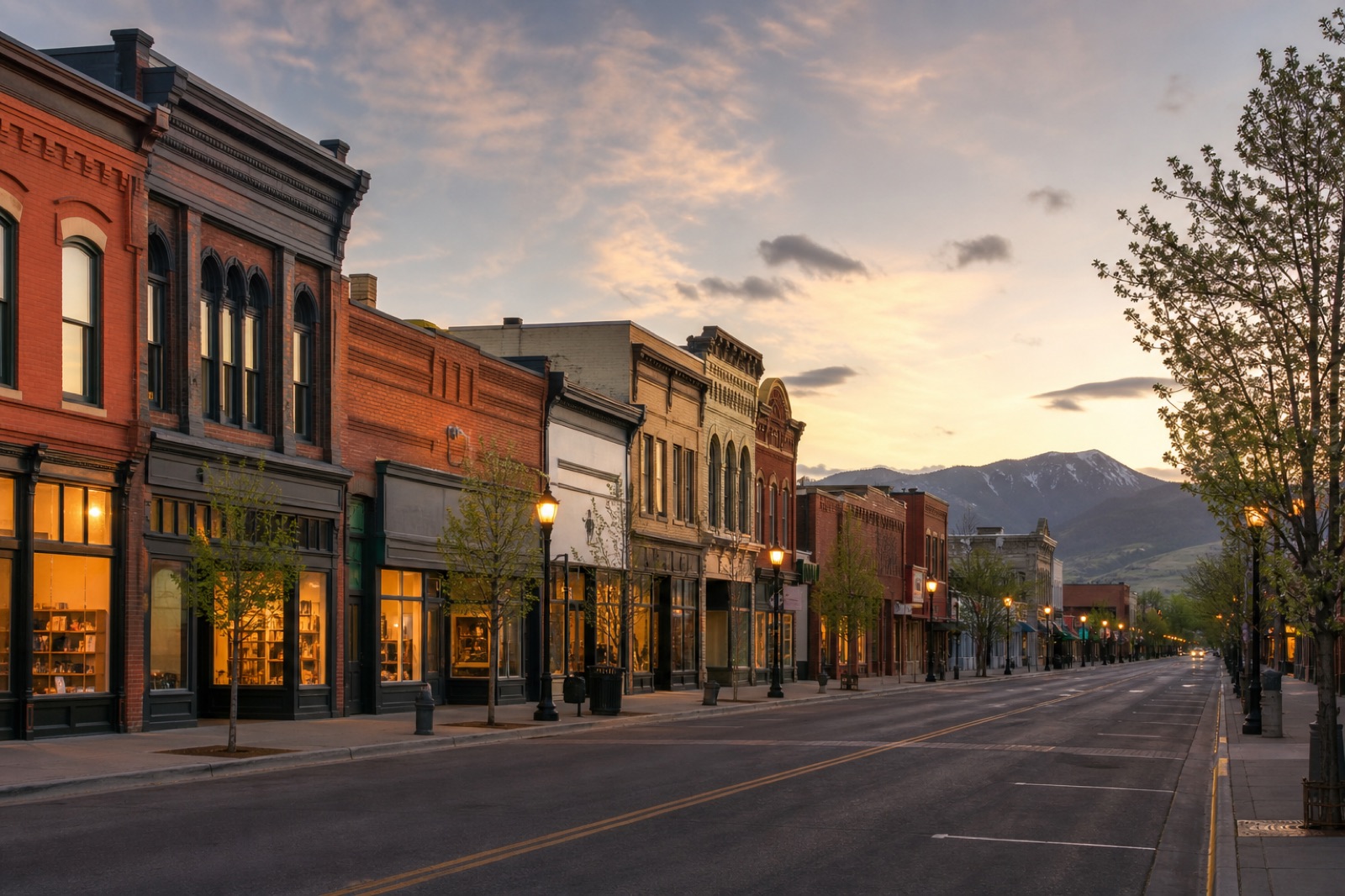 Quiet downtown street in Montana with mountains beyond