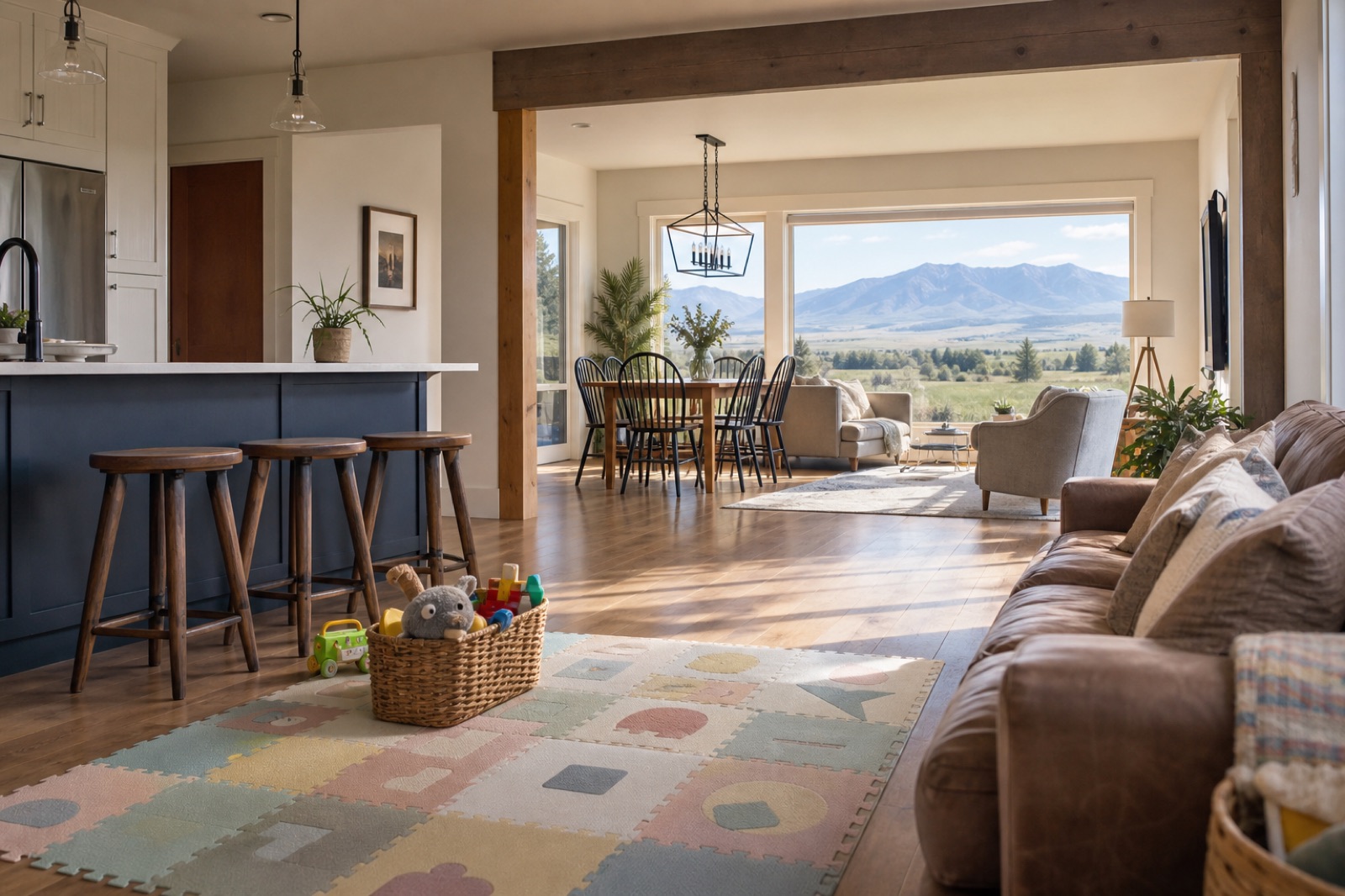 Sunlit family living room with toys and a mountain view