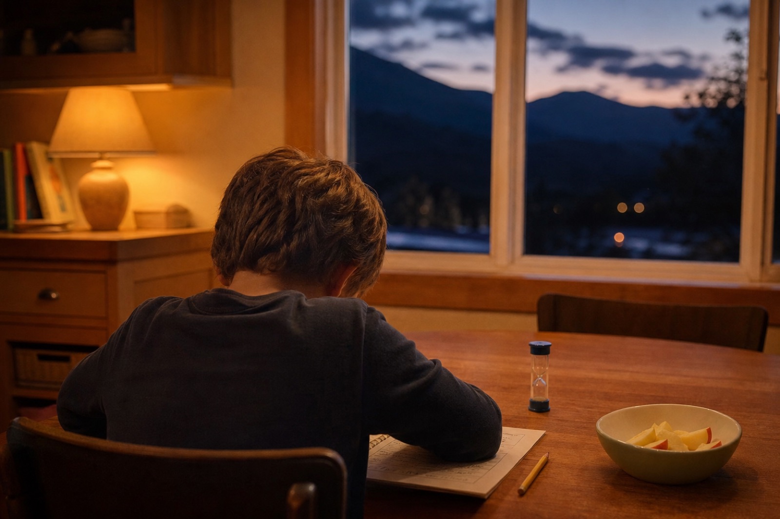 Child seen from behind working at a table as daylight fades