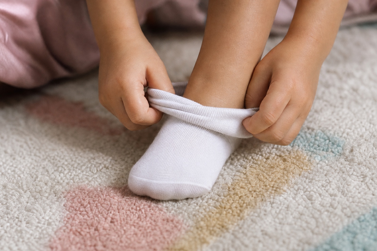 Child’s hands adjusting a sock on a soft rug
