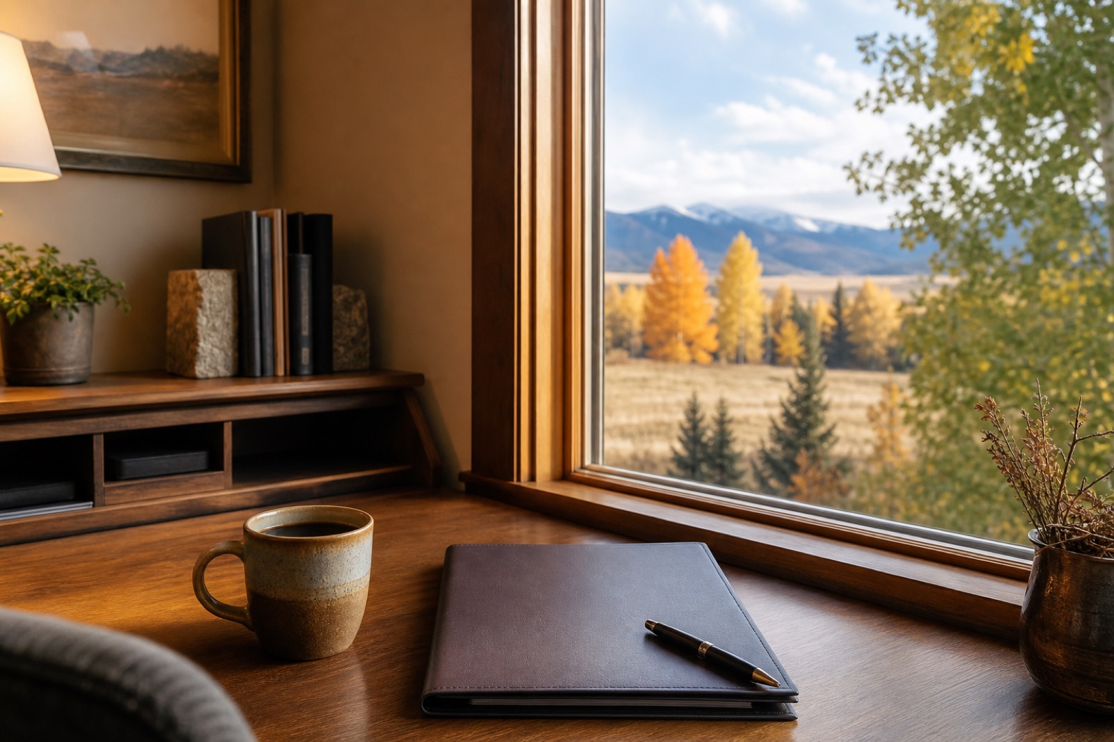 Notebook and cup beside a window overlooking Montana mountains