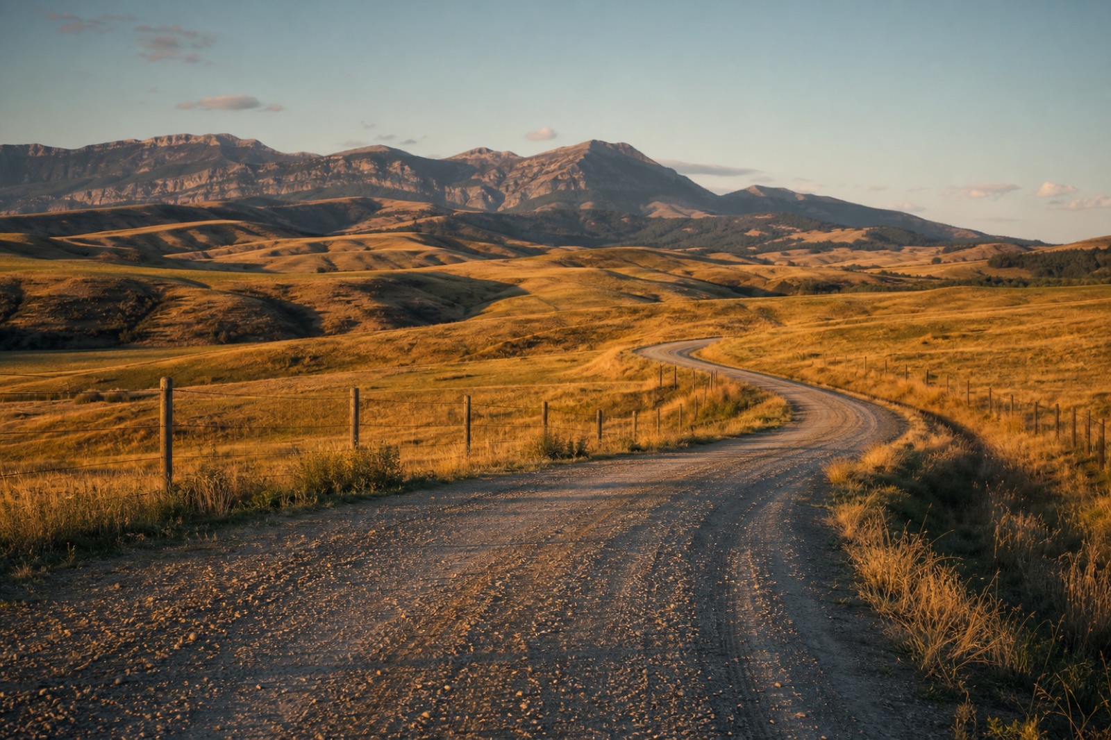A winding gravel road through golden Montana hills toward the mountains