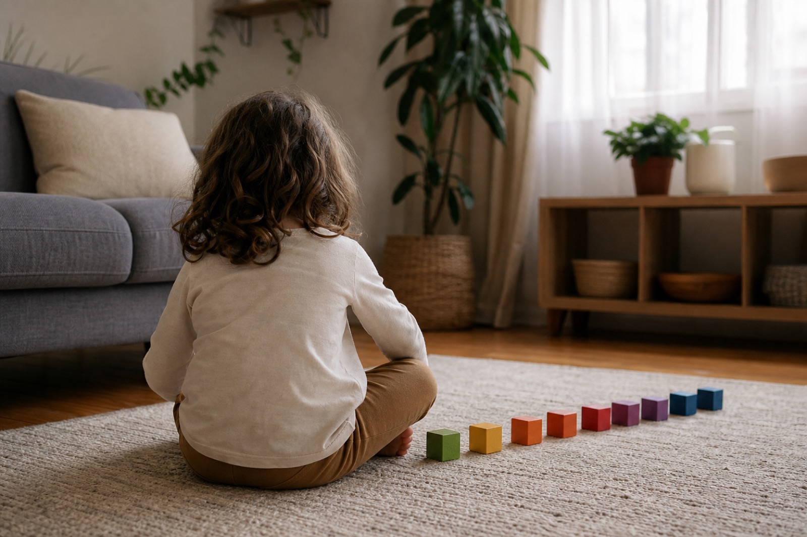 Child seen from behind playing with colorful blocks on a living room floor