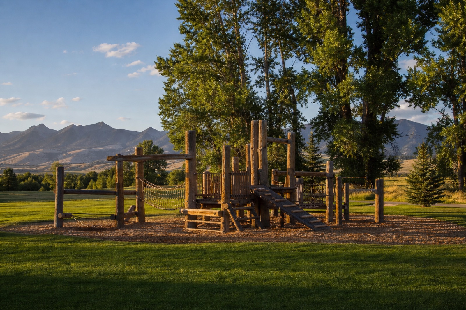 Wooden playground with mountains beyond