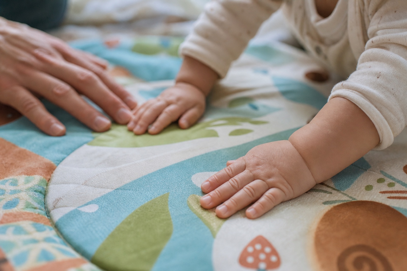 Baby’s hands on a patterned play mat beside an adult’s hand