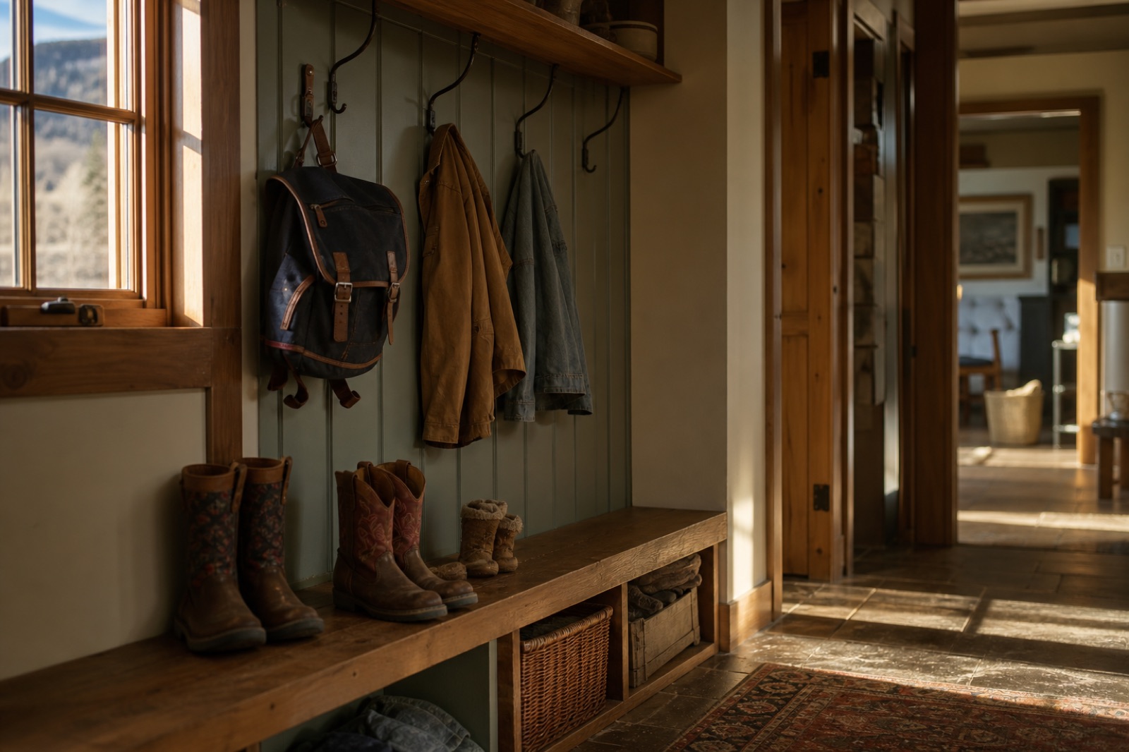 Backpacks and children’s boots in a sunlit home entryway