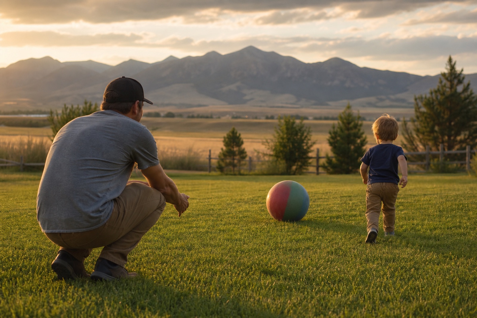 Parent and child seen from behind playing with a ball in a Montana field
