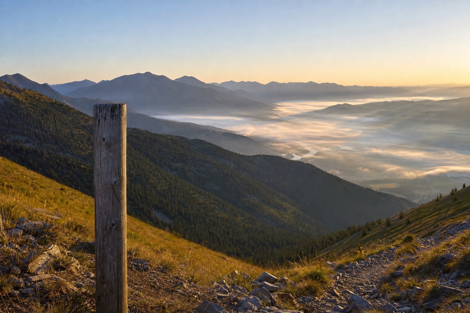 Sunrise over a foggy mountain valley and wooden trail post