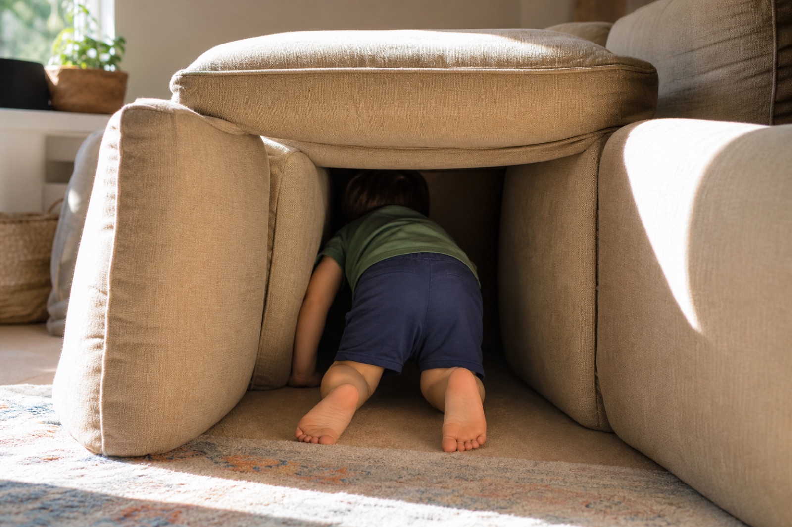 Child seen from behind moving through a cushion fort at home