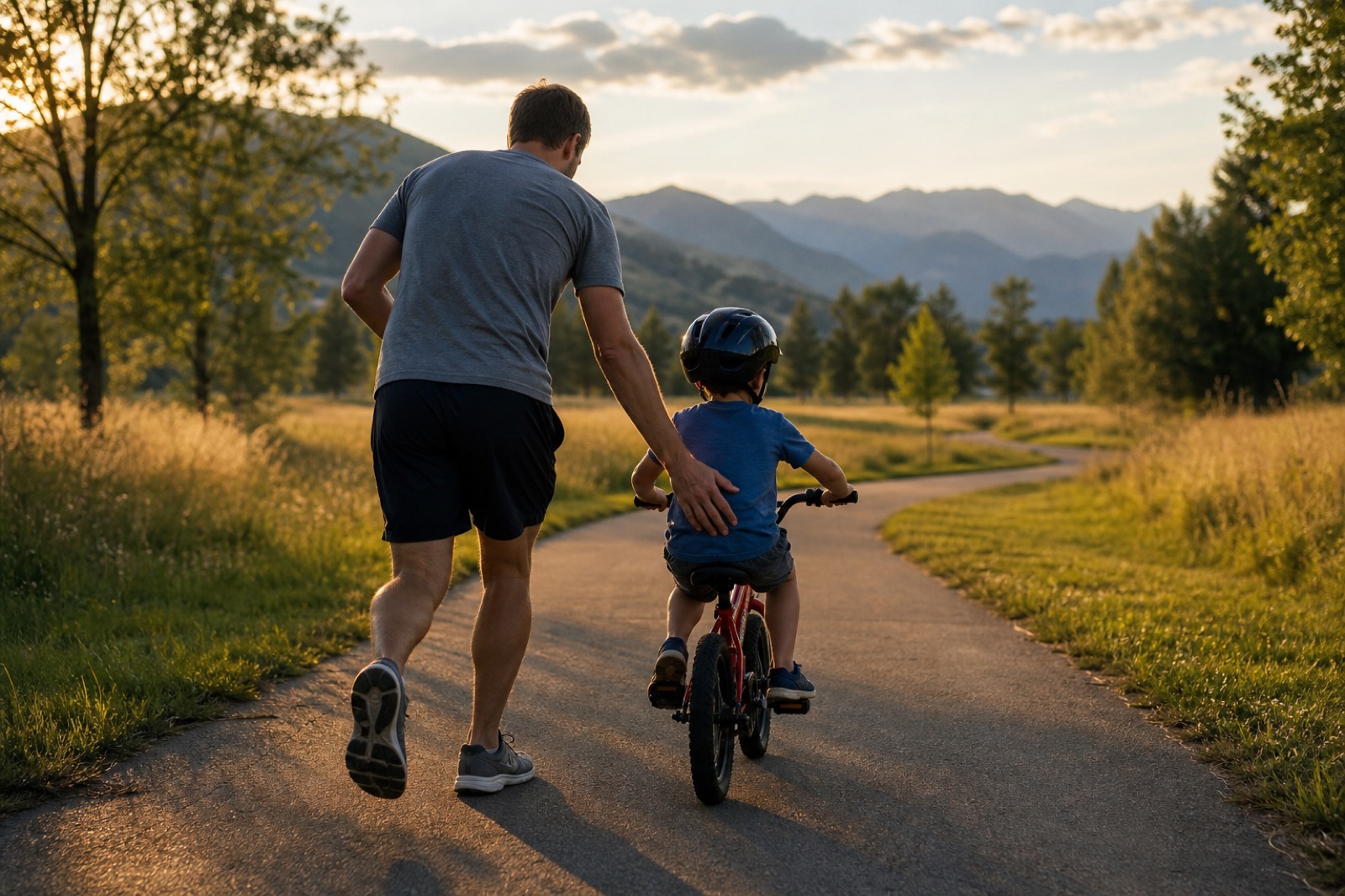 Adult walking beside a child riding a bike on a mountain path, both seen from behind