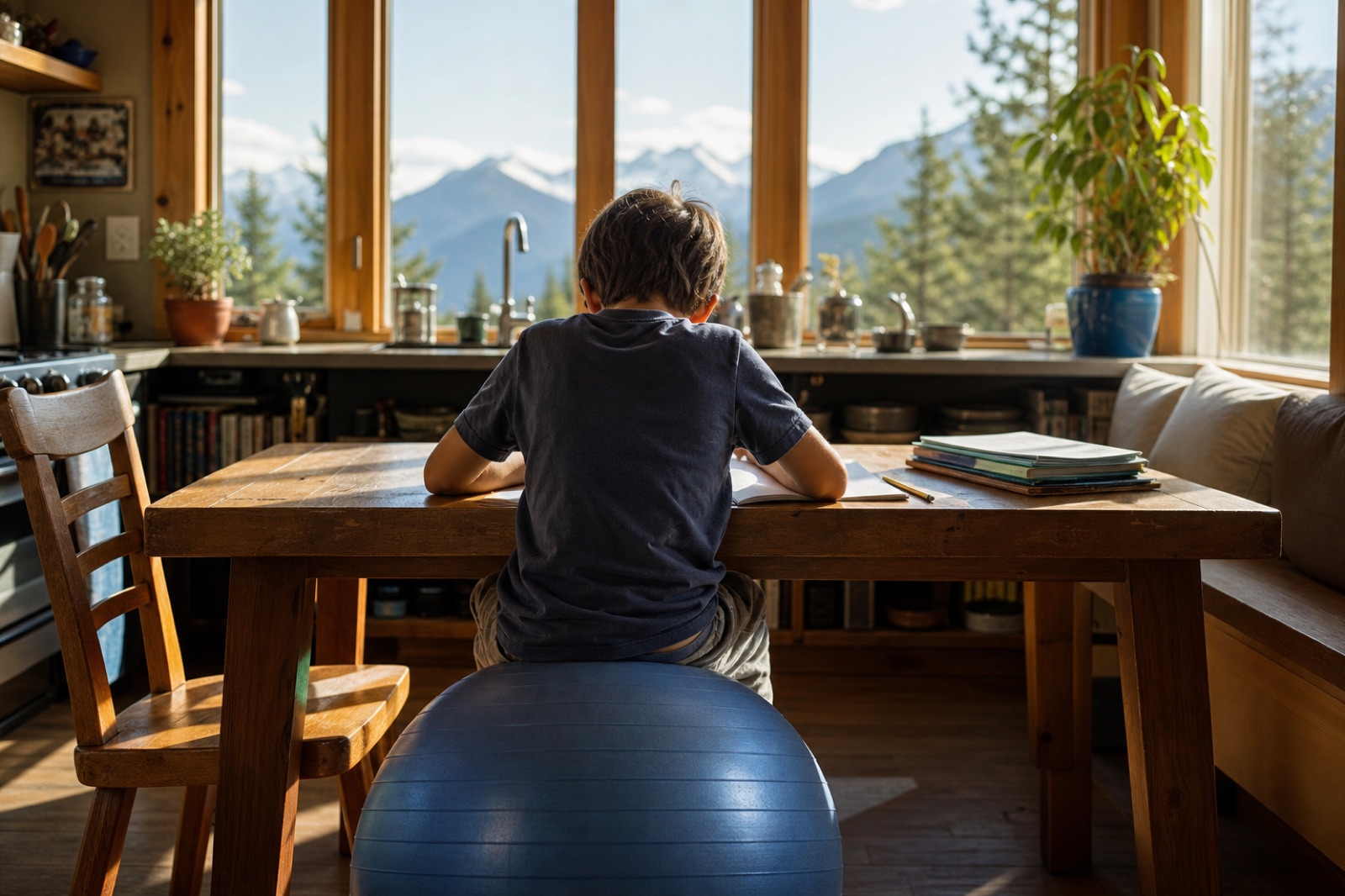 Child seen from behind leaning over schoolwork at a table