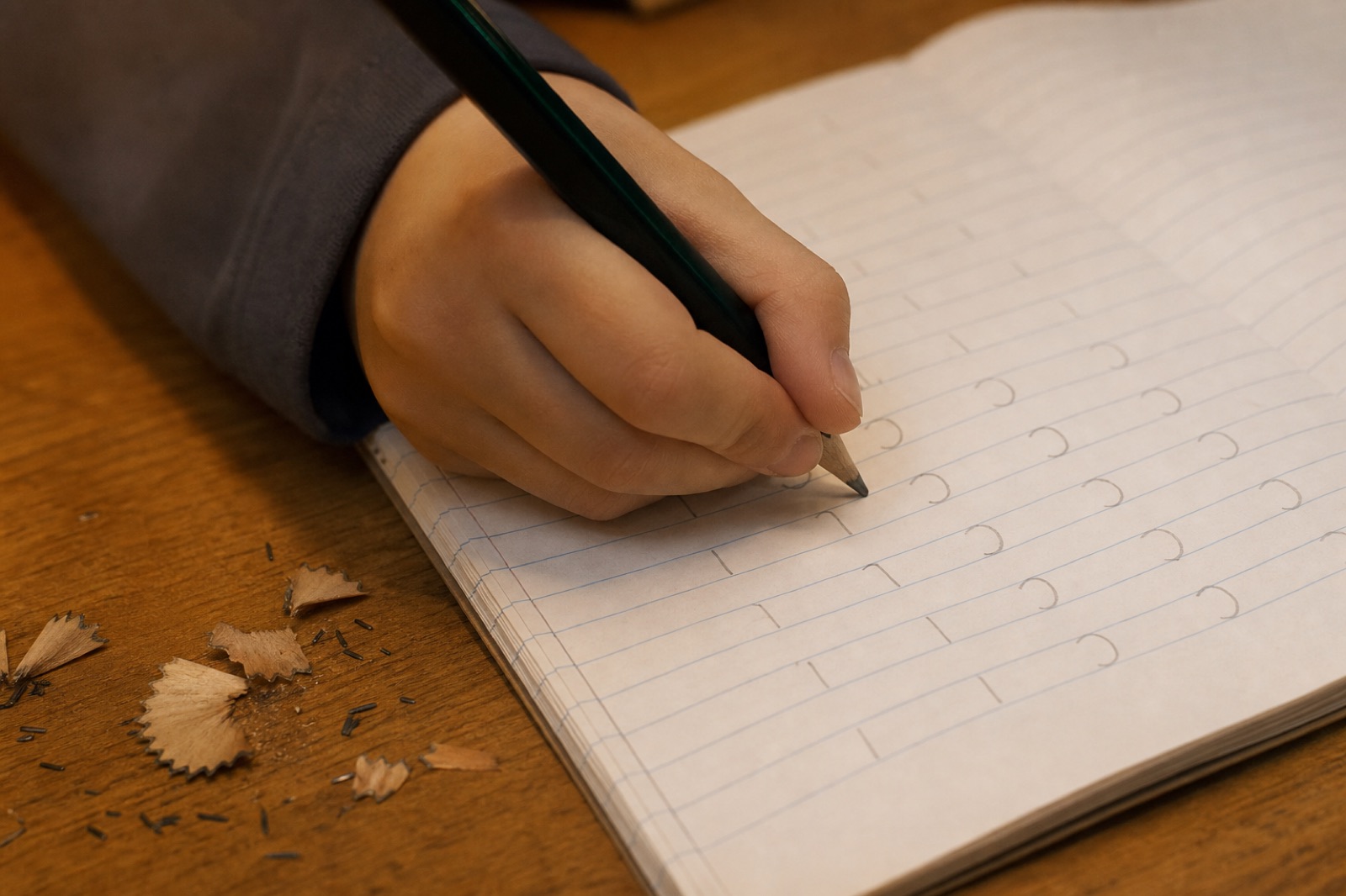Child’s hand writing in a lined notebook with a pencil