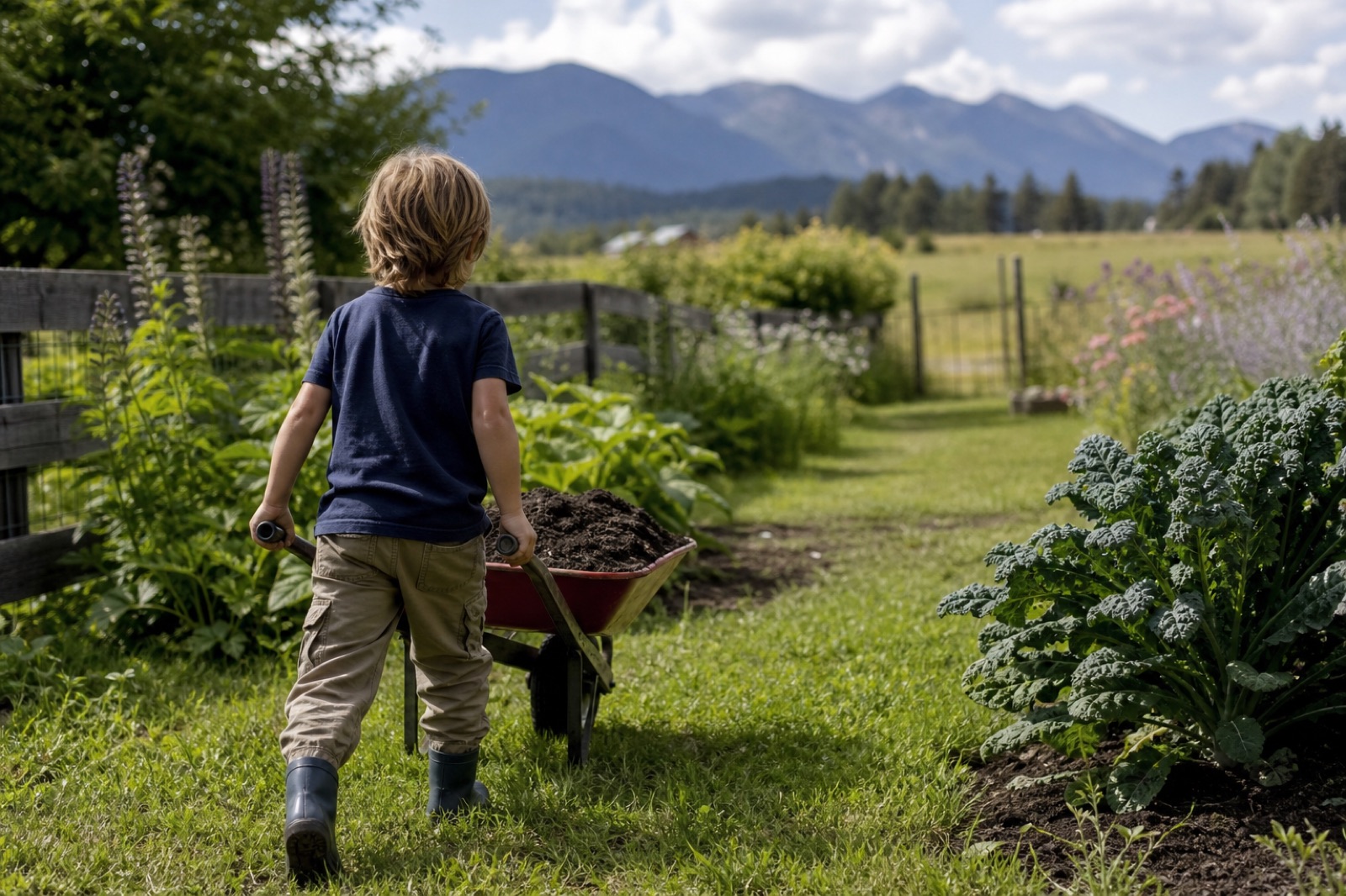 Child seen from behind pushing a wheelbarrow in a garden