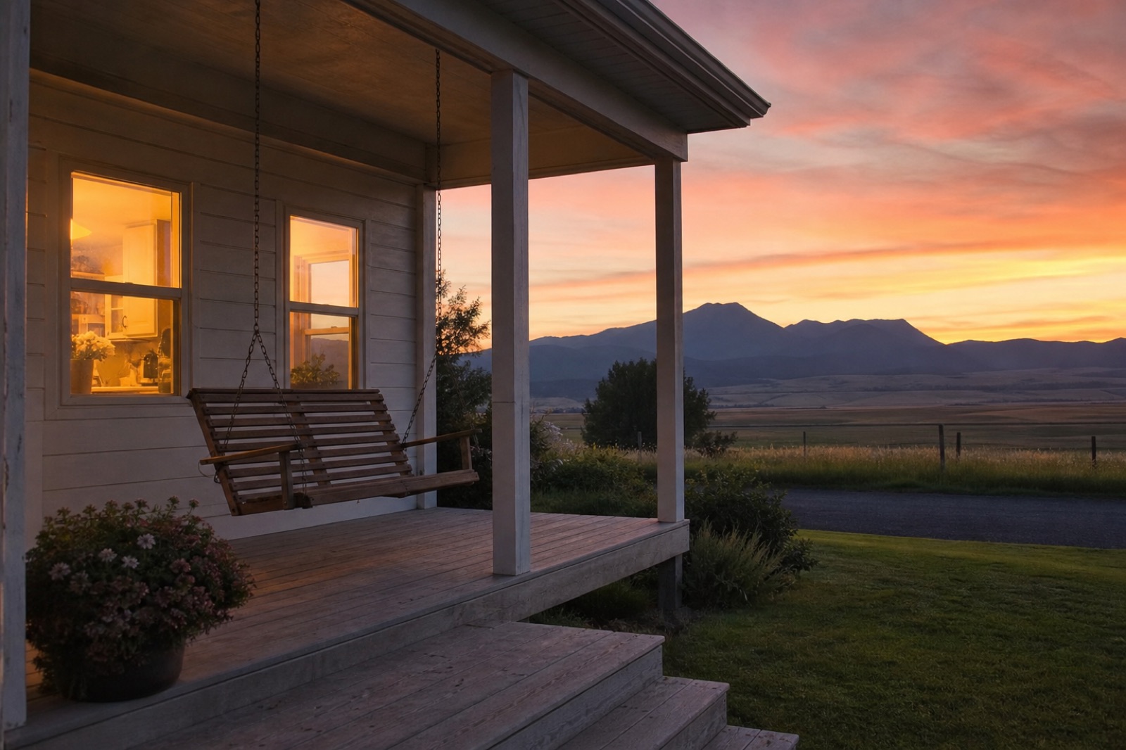 House porch and swing at sunset with mountain silhouettes