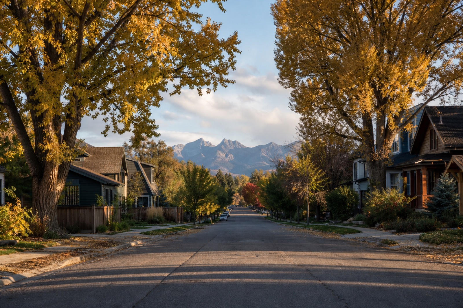 Autumn trees framing a Bozeman street with mountains beyond