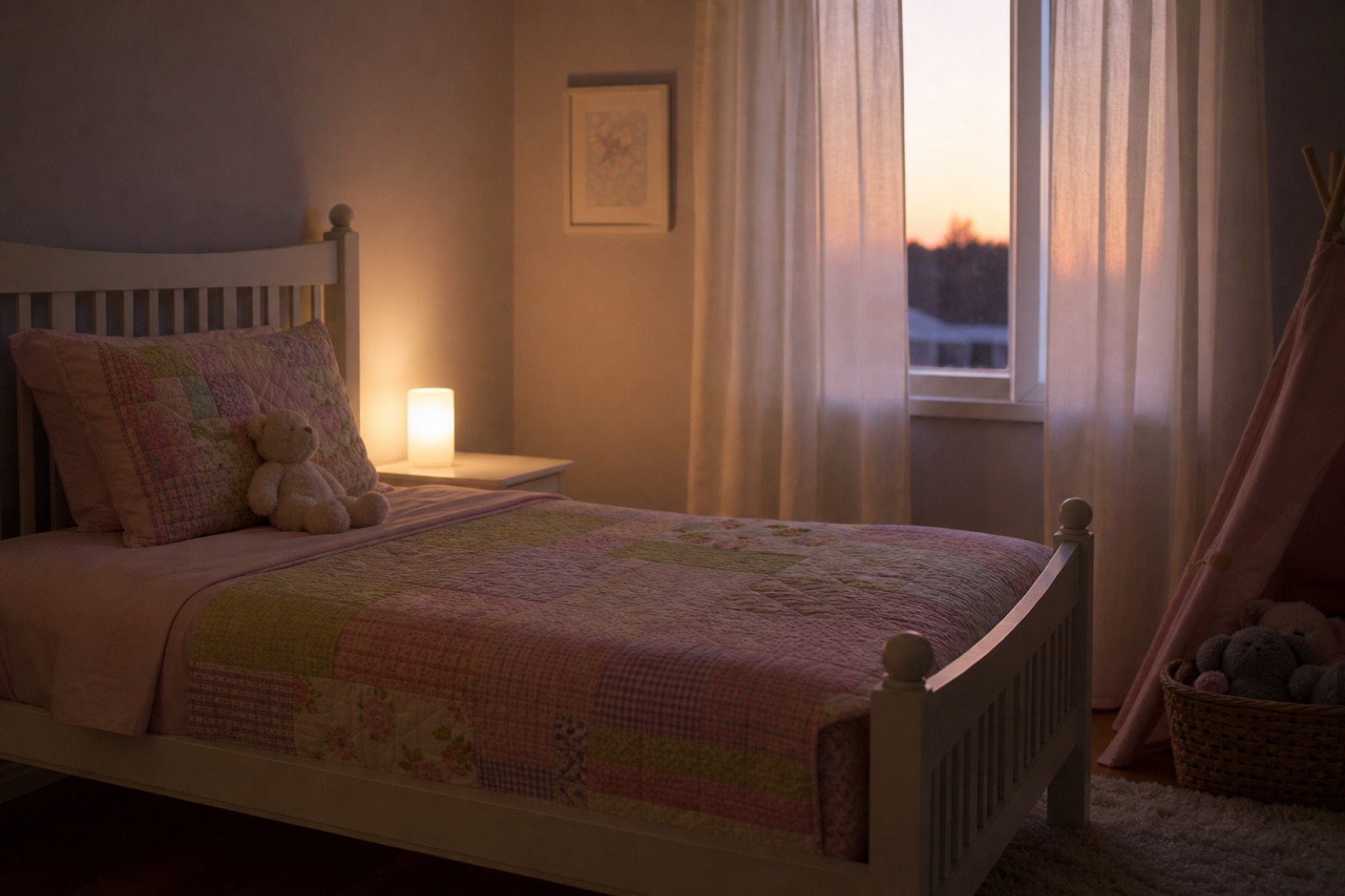 Quiet child’s bedroom at dusk with an empty bed and bedside lamp