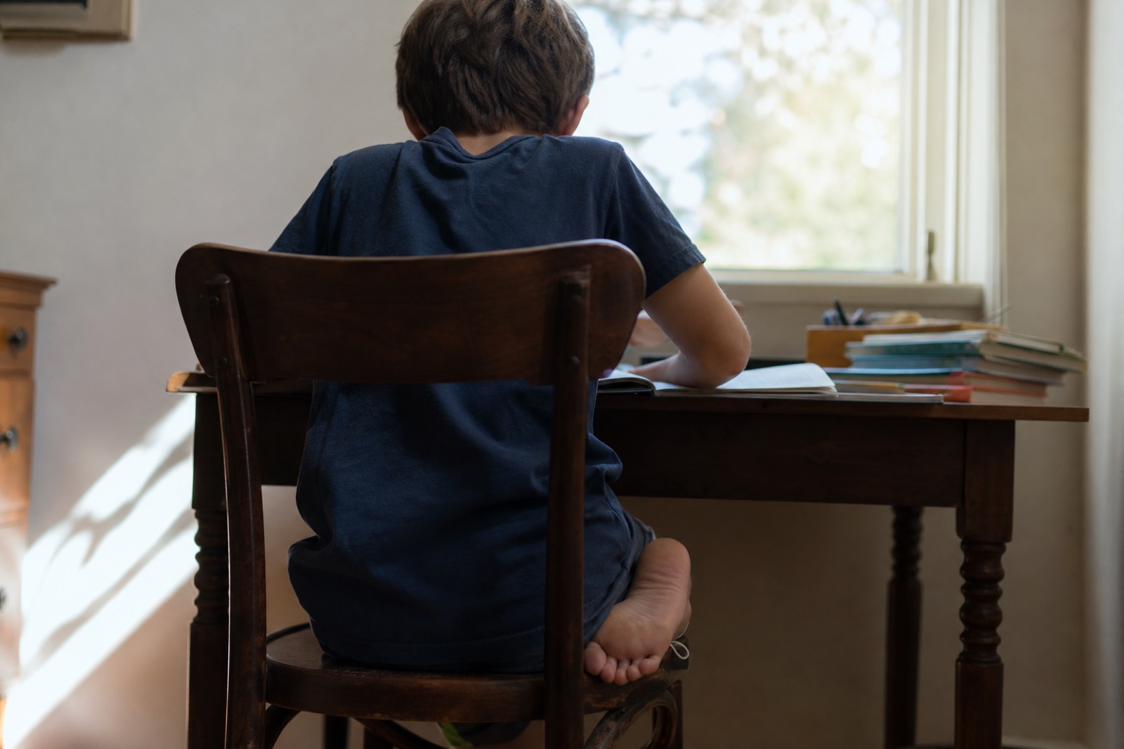 Child seen from behind seated at a desk by a window