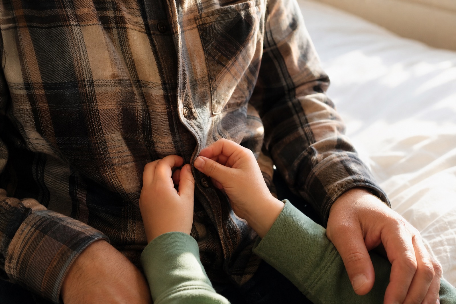 Child hands fastening a button on an adult’s shirt