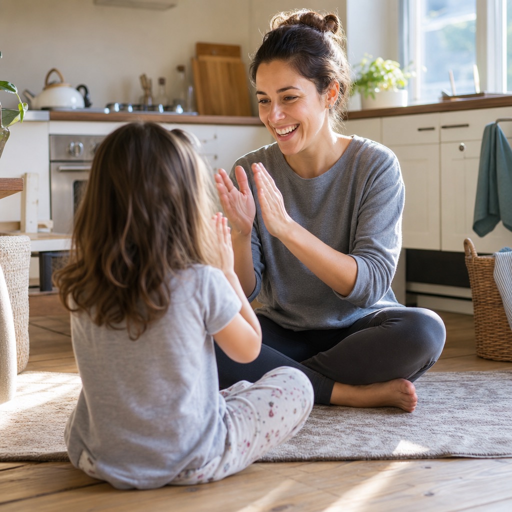 Adult and child playing together at home, child seen from behind