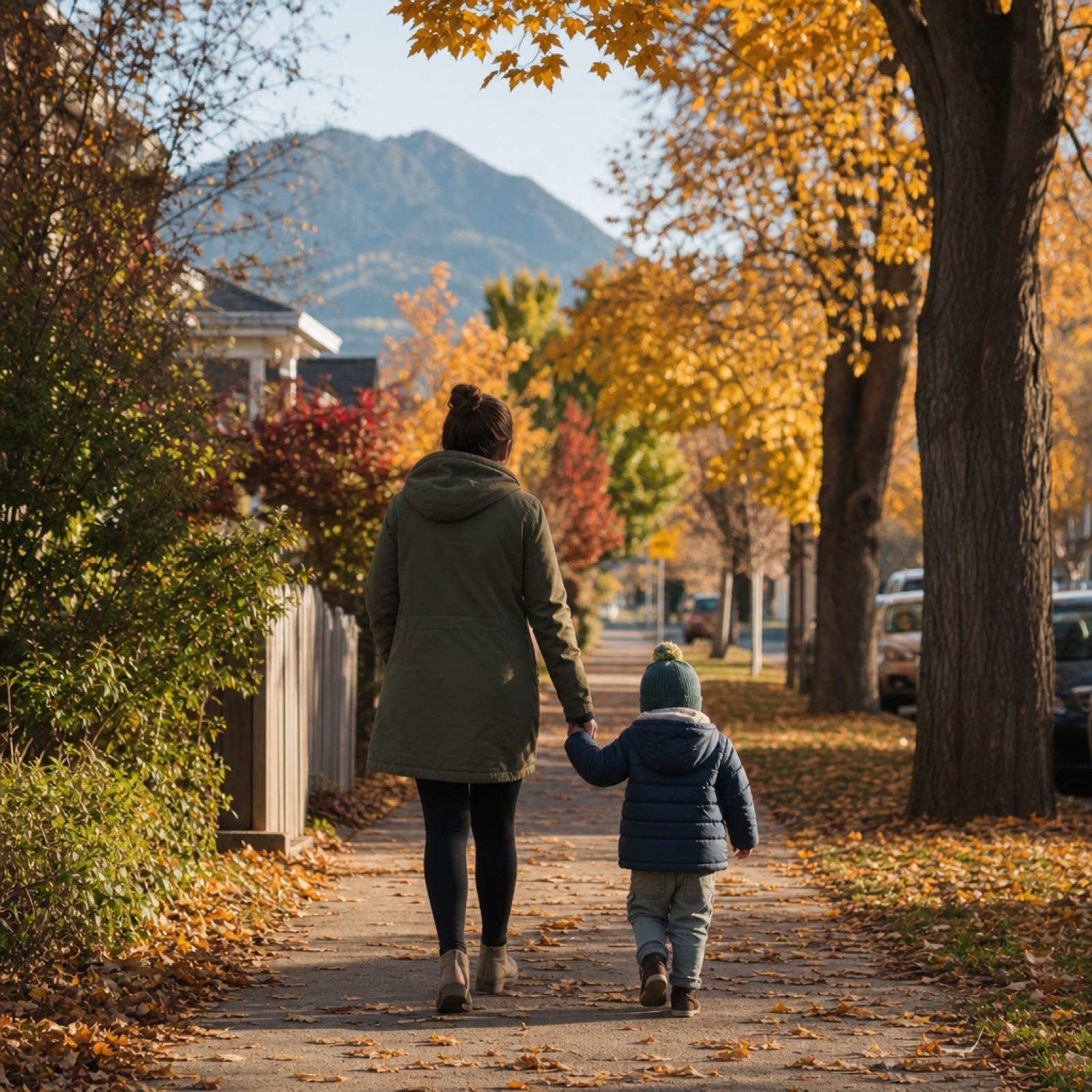 Adult and child walking away on a neighborhood sidewalk in autumn