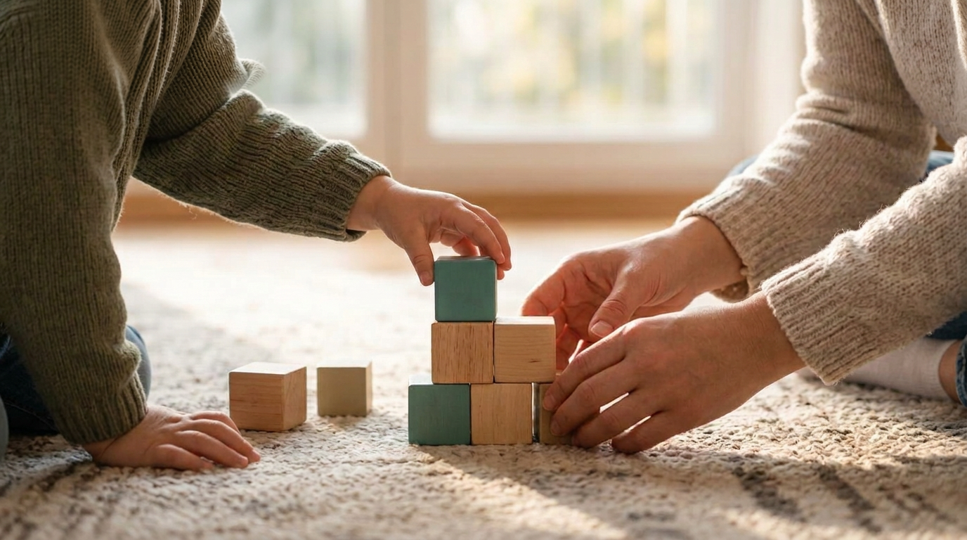 Parent and child arranging wooden blocks on the floor at home, with only their hands visible